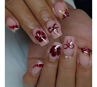SXVME Dark Red False Nails Short Medium Square, Soft Gel Press on Nails with Floral Bow Design, Gold Charms Full Cover Nude Pink Fake Nails Press ons, Stick on Nail for Women Decoration 24 Pcs