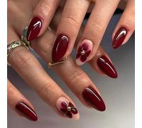 SXVME Dark Red French Press on Nails Almond Shape False Nails with Flower Designs Floral Fake Nails Medium Length Burgundy for Women, 24Pcs