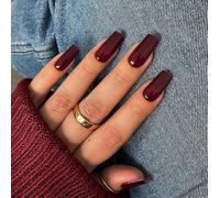 SXVME Dark Red Press on Nails Long Square, Burgundy Red False Nails Medium Coffin, Glossy Gel Fake Nails Press on, Sheer Gel Stick on Nail for Women Fall Winter, 24 Pcs