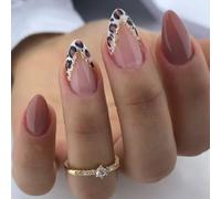 SXVME Fall Mauve False Nails with French Tip Leopard Design, Soft Gel Press on Nails Short Almond, Cute Cheetah Glitter V Lines Pattern Full Cover Nude Pink Fake Nails Press ons for Women 24 Pcs