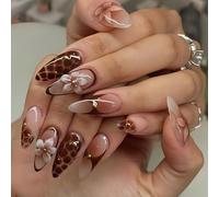 SXVME Fall Press on Nails Medium Long Almond, Brown False Nails Press on with 3D Floral Design Fake Nails Full Cover Glossy Artificial Autumn Flower Glue on Nail for Women