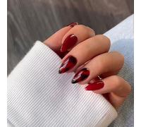 SXVME Fall Press on Nails with Amber Design, Ombre Caramel Brown False Nails Almond Medium, Marble Pattern Full Cover Soft Gel Fake Nails Press ons Medium Stiletto for Women 24 Pcs