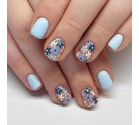 SXVME Floral French Flase Nails Short Square Baby Blue Press on Nails with Cute Flowers Designs Full Cover Natural Fit Glossy Acrylic Press ons for Women Daily Wear 24 Pcs