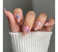 SXVME French False Nails Short Almond, Floral Press on Nails Natural Nude Pink Fake Nails Stars Colorful Floret Full Cover Glossy Acrylic Nails for Women Daily Wear 30 Pcs