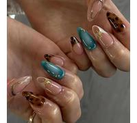 SXVME French Tip False Nails with Leopard Design, Acrylic Handemade Press on Nails Almond Medium, Natural Nude Sparkly Fake Nails Set with Gold Star Charms Decorated Gel Stick on Nail for Women 24 Pcs