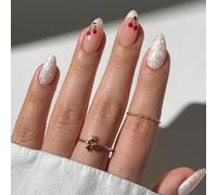 SXVME Gel Press on Nails Short Almond, French Tip False Nails with White Marble Design, Cherry Full Cover Nude Pink Fake Nails Press ons, Cute Stick on Nail for Women Summer Decoration 24 Pcs