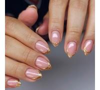 SXVME Gel Press on Nails Short Almond, Gold French Tip False Nails with Design, 3D Embossment Full Cover Nude Pink Fake Nails Press ons, Cute Stick on Nail for Women Summer Decoration 30 Pcs