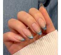 SXVME Glitter Cateye Blue French Tip Medium Almond, Soft Gel Press on Nails with 3D Gold Lines Design, Sparkle Acrylic Fake Nails Press ons, Natural Nude Stick on Nail for Women Daily Wear 24 Pcs
