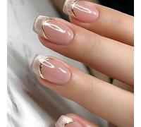 SXVME Glitter Gold French Tip False Nails Short Medium Square, Natural Nude Press on Nails with Gold Lines Design, Glossy Bling Sparkle Acrylic Fake Nails Press ons for Women Daily Wear 24 Pcs