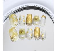SXVME Gold 3D Press on Nails Short Square, Flora Spring Fake Nails with Designs, Coffin Glue on nails with Diamond, Thick Cute Extra Short Nails for Women and Girls, 30 Pcs