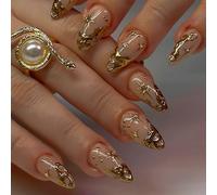 SXVME Gold French Tip False Nails Short Almond Press on Nails Nude False Nails With 3D Gold Irregularity Chrome Design Glue on Nails Glossy Acrylic Full Cover Star Moon Stick on Nails for Women 24 Pcs