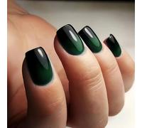 SXVME Green Black Press on Nails Short Square, Short False Nails Coffin, Glossy Dark Forest Green French Fake Nails Set, Ombre Color Full Cover Soft Gel Stick on Nail for Women Halloween 30 Pcs