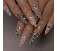 SXVME Handmade Press On Nails Almond Medium Nude Pink French Tip False Nails Press on With 3D Sliver Chrome Star Bow Design Full Cover Y2k Fake Nail Cute Stick On Nails For Women Holiday Wear 24 Pcs
