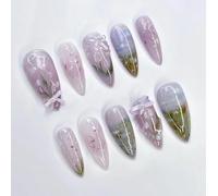 SXVME Handmade Press on Nails Almond Medium with 3D Flower Bow Design French False Nails Set Pearl Floret Full Cover Glossy Gel Stick on Nails for Women Finger Decoration 24 Pcs