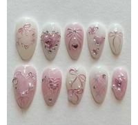 SXVME Handmade Press on Nails Almond Medium with 3D Heart Flower Bow Design French False Nails Set Pearl Rhinestones Full Cover Glossy Gel Stick on Nails for Women Finger Decoration 24 Pcs
