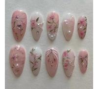 SXVME Handmade Press on Nails Almond Medium with 3D Pink Blossom Design French False Nails Set Pearl Crystals Bow Full Cover Glossy Gel Stick on Nails for Women Finger Decoration 24 Pcs