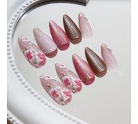 SXVME Handmade Press on Nails Almond Medium with Glitter Pink Cateye Design French False Nails Set Flowers Gold Sequins Full Cover Glossy Gel Stick on Nails for Women Finger Decoration 24 Pcs