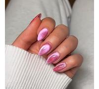 SXVME Hot Pink Cat Eye False Nails, 30 Pcs Glitter Press on Nails, Short Almond, Gel Material, Shiny Fake Nails, Women's Daily Wear