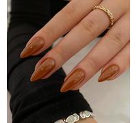 SXVME Light Brown False Nails Medium, Acrylic Press on Nails Almond Solid Color Full Cover Fake Nails Medium Stiletto Stick on Nails for Women DIY Nail Art 24 Pcs