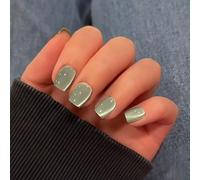 SXVME Light Green Cat Eye Press on Nails Short Coffin, Glitter False Nails Press ons Medium, Sparkly Shiny Fake Nails With Design, Cute Bling Reusable Soft Gel Stick on Nail for Women 30 Pcs