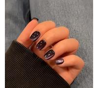 SXVME Light Pink Cat Eye Press on Nails Short, 30 Pcs Acrylic Press on Nails Square, Sparkly Glitter Black Fake Nails Press on Short, Reusable Soft Gel Glue on Nails for Women Small Sizes