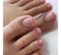SXVME Light Pink French Tip Press on Toes Nails Short Square, Natural Nude Fake Toe Nails Glue on, Acrylic Toe Press on Nails for Women, Glossy Gel ToeNails in 24 Pcs