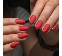 SXVME Light Red French Tip Press on Nails Short Almond, Bright Fake Nails Press ons with Glossy French Tips in a Matte Finish, Fall Soft Gel Glue on Nails Short Stiletto, 16 Sizes - 32 Nail Kit