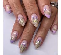 SXVME Lilac French Tip Press on Nails Almond Shape False Nails with Small Flower Designs Floral Fake Nails Medium Length Spring Summer for Women, 24Pcs