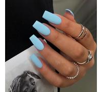 SXVME Long Press on Nails Square, Matte Baby Blue False Nails Medium Long Coffin, Acrylic Fake Nails Press on, Solid Soft Gel Stick on Nail for Women Fall Winter, 24 Pcs