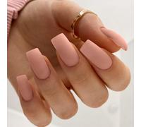 SXVME Long Press on Nails Square, Matte Pastel Peach Pink False Nails Medium Long Coffin, Acrylic Fake Nails Press on, Solid Soft Gel Stick on Nail for Women Fall Winter, 24 Pcs