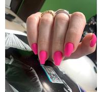 SXVME Matte Hot Pink Press on Nails Coffin, Soft Gel False Nails Medium Short, Neon Pure Color Full Cover Fake Nails for Women, Fushia Short Ballerina Stick on Nails for Fall Winter 24 Pcs