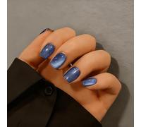 SXVME Navy Blue Cat Eye Press on Nails Short, 30 Pcs Summer False Nails Square, Sparkly Glitter Fake Nails Press on Short, Reusable Chrome Cobalt Blue Soft Gel Glue on Nails for Women Party Wear