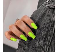 SXVME Neon Green Press on Nails Long Square, Lime Green False Nails Medium Coffin, Glossy Gel Fake Nails Press ons, Sheer Color Square Tip Sheer Gel Stick on Nail for Women, 24 Pcs