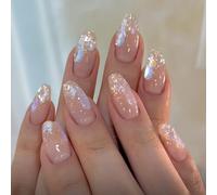 SXVME Nude False Nails Coffin, 24 Pcs Acrylic Press On Nails Medium Short Ballerina Fake Nails with 3D Nail Charm, Glitter, 12 Sets of 2 Pcs Each