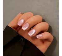 SXVME Nude Pink Cat Eye Press on Nails Short, 30 Pcs Summer False Nails Square, Sparkly Glitter Fake Nails Press on Short, Reusable Chrome Light Pink Soft Gel Glue on Nails for Women Party Wear