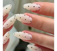SXVME Nude Pink Press On Nails Almond, Polka Dot False Nails Short Stiletto, Fake Nails with Designs, Cute Black Polka Dot Nails Press ons, Reusable Glossy Soft Gel Glue On Nails for Women, 24 Pcs
