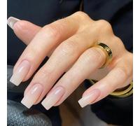 SXVME Nude Press on Nails Long Square, Acrylic False Nails Medium Coffin, Glossy Gel Fake Nails Press on, Semi-Transparent Stick on Nail for Women, 24 Pcs
