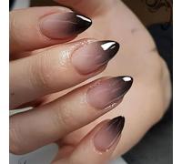SXVME Ombre Black Press on Nails Short Almond Shape, Short False Nails Press ons, Natural Nude French Fake Nails Stiletto, Gradient Color Full Cover Glue on Nail for Women, 30 Pcs
