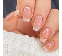 SXVME Ombre Pink French False Nails Medium Short Coffin Natural Nude Press on Nails Acrylic, Glossy Gradient Color Fake Nails Short Ballerina for Women Daily Wear 24 Pcs