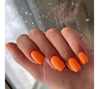 SXVME Orange False Nails Short Medium Square, Gel Press on Nails Coffin Medium Glossy Fake Nails Set Solid Color Acrylic Nail Natural Fit Reusable Stick on Nail for Women Daily Wear, in 24 Pcs