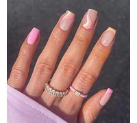 SXVME Pink Orange French Tip False Nails Short Square Press on Nails with Colorful Swirl Design Full Cover Natural Nude Acrylic Glue on Nails for Women Daily Wear 24 Pcs