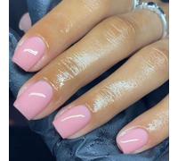 SXVME Pink Press on Nails Short Square Acrylic Short False Nails Coffin Natural Acrylic Fake Nails Set Elegant Solid Color Full Cover Glossy Gel Stick on Nail for Women Daily Wear 24 Pcs