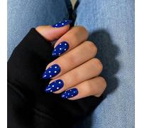 SXVME Polka Dot Press On Almond, Royal Blue False Nails Short Stiletto, Fake Nails with Designs, Cute White Polka Dot Nails Press ons, Reusable Soft Gel Glue On Nails for Women, 30 Pcs