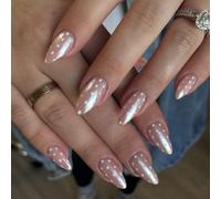 SXVME Polka Dot Press On Nails Almond, Chrome Pink False Nails Medium, Fake Nails with Designs, Glazed Glitter Polka Dot Nails Press ons Almond, Reusable Soft Gel Stick On Nails for Women, 24 Pcs