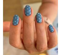 SXVME Polka Dot Press On Nails Short Oval, Dusty Blue False Nails with Design, Cute Fake Nails Press ons Almond, Reusable Soft Gel Glue On Nails for Women Summer Manicure, 24 Pcs