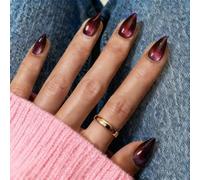 SXVME Press On Nails Short Almond - Light Pink to Black False Nails Short Stiletto, Glitter Cat Eye Fake Nails Set, Reusable Cute Dark Gel Glue On Nails with Color-Shifting Glow, 30 Pcs