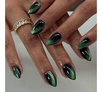SXVME Press On Nails Short Almond - Neon Green to Black False Nails Short Stiletto, Glitter Cat Eye Fake Nails Set, Reusable Cute Dark Gel Glue On Nails with Color-Shifting Glow, 30 Pcs