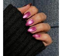 SXVME Press On Nails Short Almond - Neon Hot Pink False Nails Short Stiletto, Glitter Cat Eye Fake Nails Set, Reusable Cute Bright Gel Glue On Nails with Color-Shifting Glow, Fushia 30 Pcs