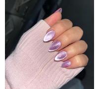 SXVME Press On Nails Short Almond - Pastel Light Purple False Nails Short Stiletto, Glitter Cat Eye Fake Nails Set, Reusable Cute Bright Gel Glue On Nails with Color-Shifting Glow, 30 Pcs