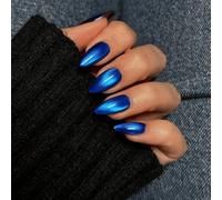 SXVME Press On Nails Short Almond - Vibrant Royal Blue False Nails Short Stiletto, Glitter Cat Eye Fake Nails Set, Reusable Cute Bright Gel Glue On Nails with Color-Shifting Glow, 30 Pcs